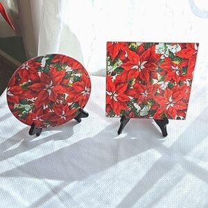 Poinsettia 8-inch Tempered Glass Cutting/Serving Boards Handcrafted Set Of Two